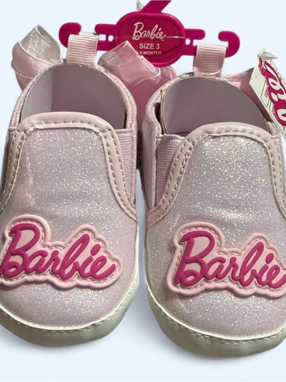 Barbie Pink Glitter Slip-On Baby Shoes with Pink Logo